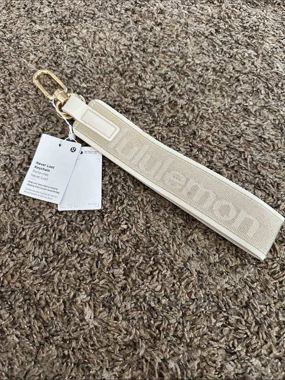 lululemon athletica Cream Branded Wristlet Keychain with Gold Hardware
